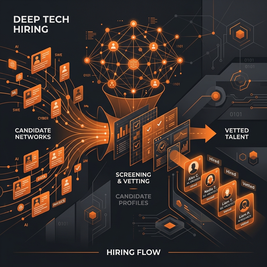 Tech recruitment vetting network illustration
